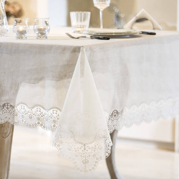 Gül Güler Dantelli Masa Örtüsü Papatya 160x260 Kemik - 3