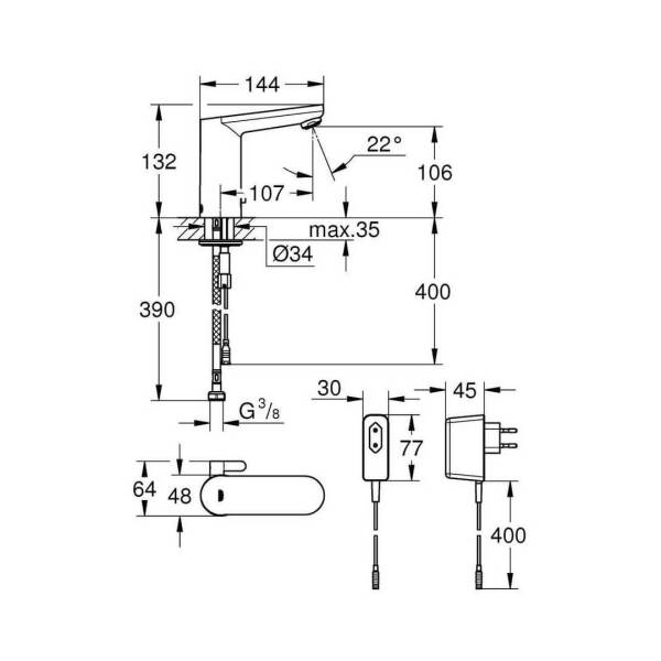 Grohe Eurosmart Cosmopolitan E Fotoselli Lavabo Bataryası Çift Su Girişli Elektrikli 36325001 - 3